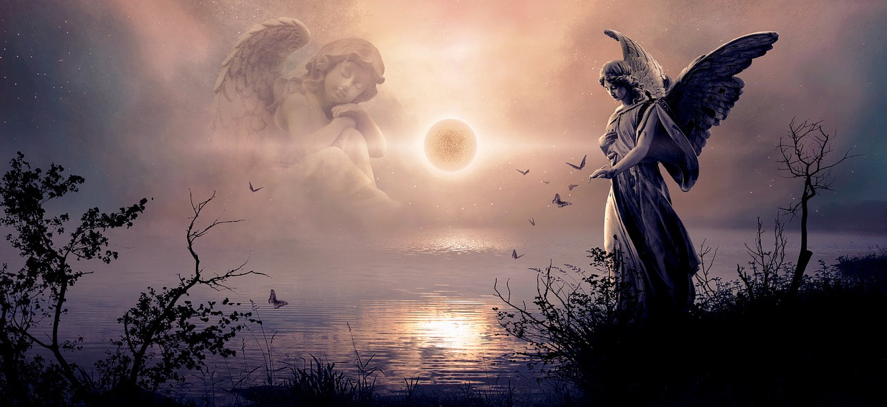 Picture of angels with the moon reflecting on a lake