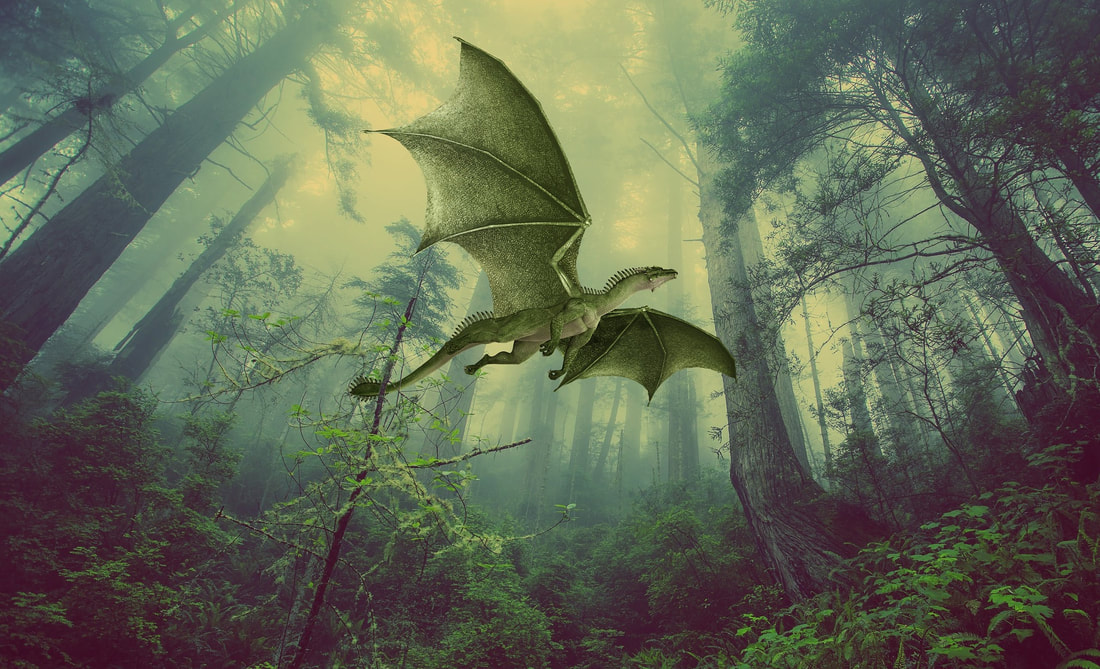 Earth dragon spirit animal flying in a forest