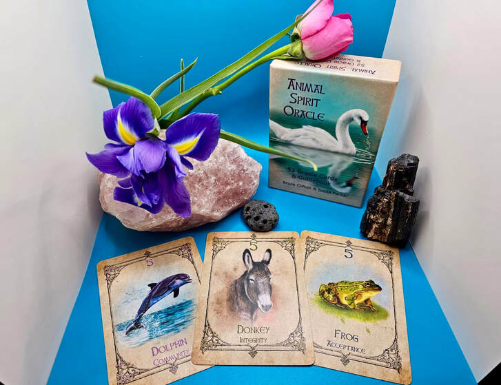 Picture of 3 animal spirit oracle cards, box and rose quartz crystal