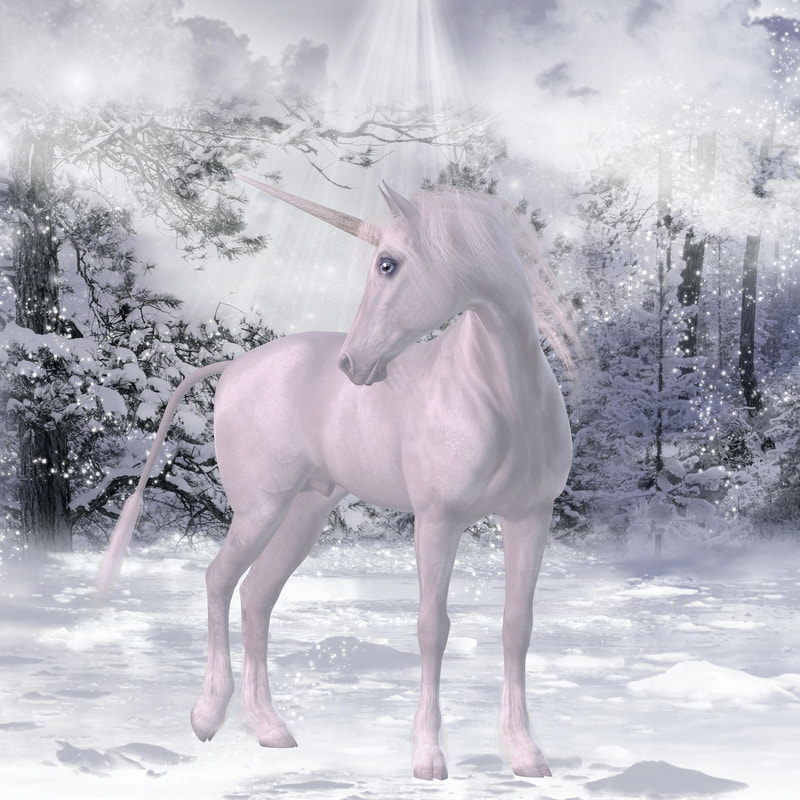 Unicorn Spirit Animal, pure white, standing in the snow